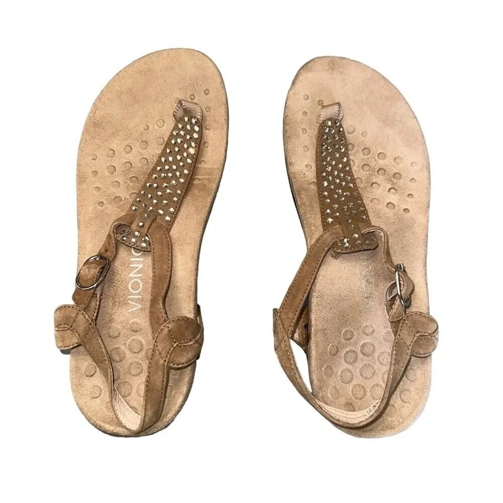 Vionic Tula Sandals 8W Tan Suede Rhinestone Slingback Orthopedic Thong Sparkle